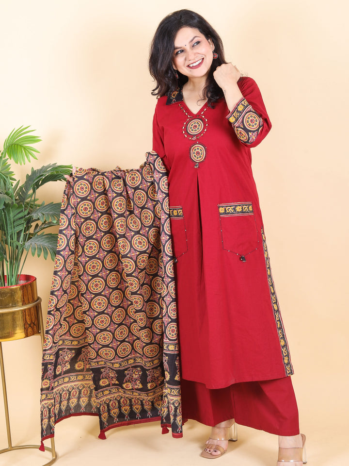 Sadhgi Cherry Red Ajrak Patch with Mirror Work on Neck Cotton 3 Piece Set
