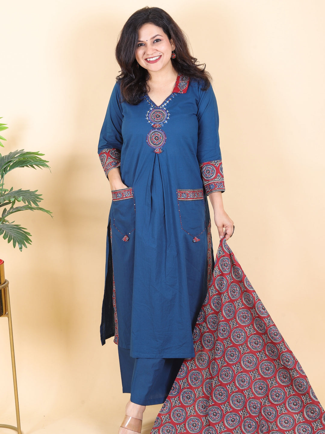 Sadhgi Royal Blue Ajrak Patch with Mirror Work on Neck Cotton 3 Piece Set