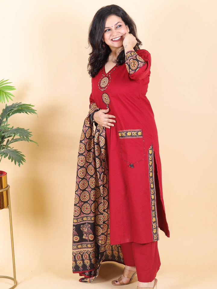 Sadhgi Cherry Red Ajrak Patch with Mirror Work on Neck Cotton 3 Piece Set
