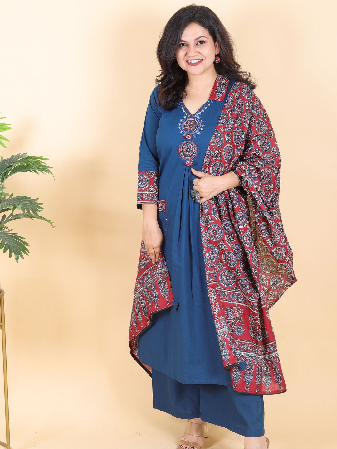 Sadhgi Royal Blue Ajrak Patch with Mirror Work on Neck Cotton 3 Piece Set