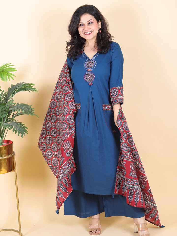 Sadhgi Royal Blue Ajrak Patch with Mirror Work on Neck Cotton 3 Piece Set