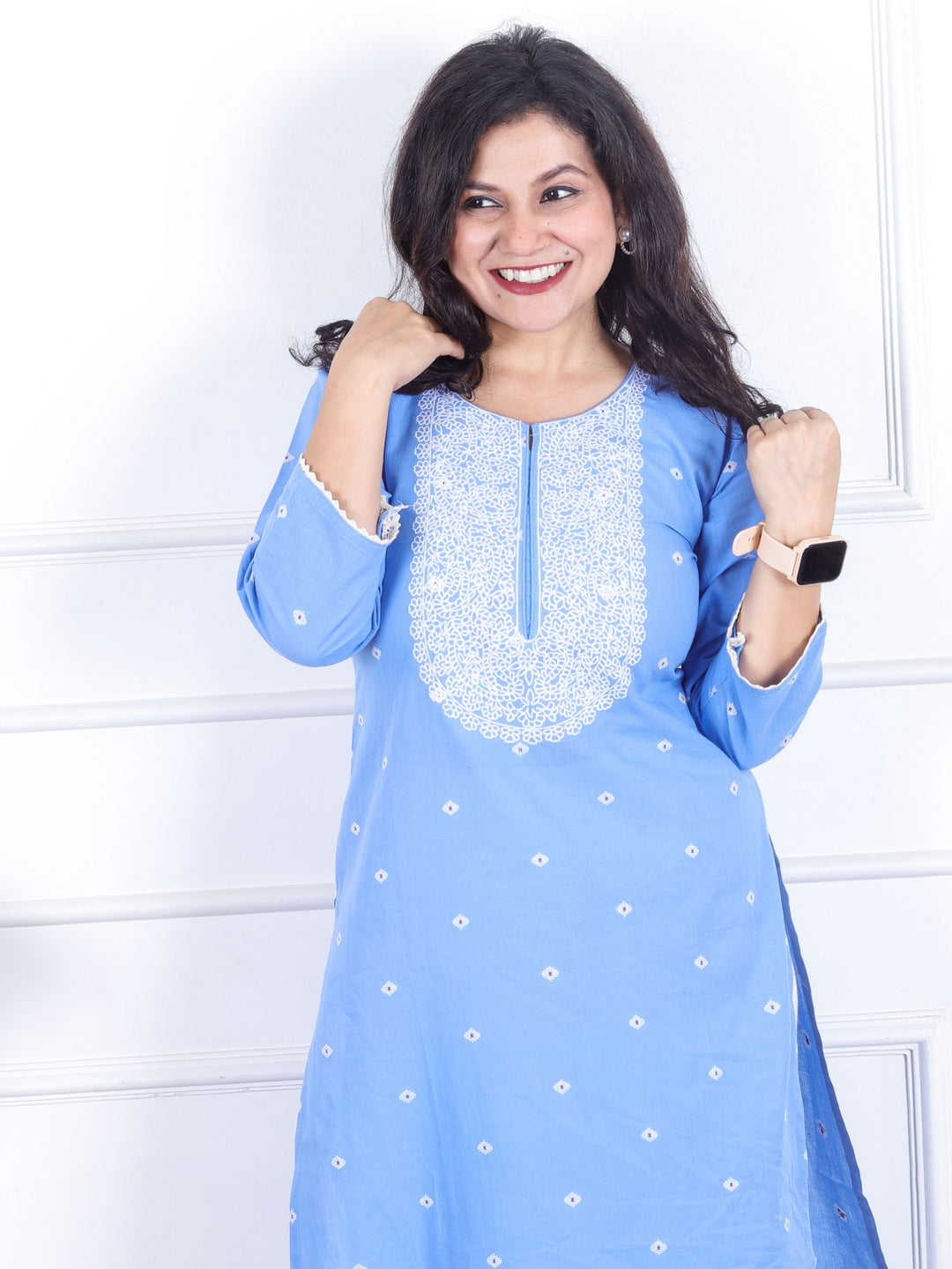 Kashish Deep Blue All Over Thread Buti with Embriodered Neck Work Cotton Kurti
