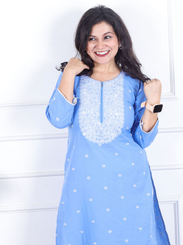 Kashish Deep Blue All Over Thread Buti with Embriodered Neck Work Cotton Kurti