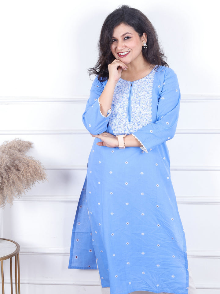 Kashish Deep Blue All Over Thread Buti with Embriodered Neck Work Cotton Kurti