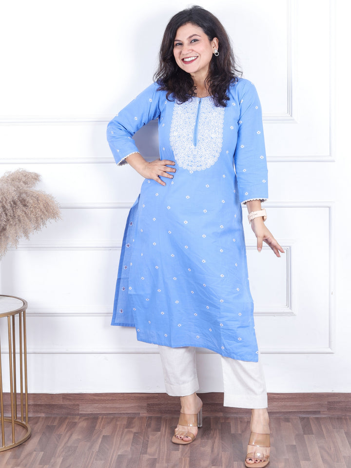 Kashish Deep Blue All Over Thread Buti with Embriodered Neck Work Cotton Kurti