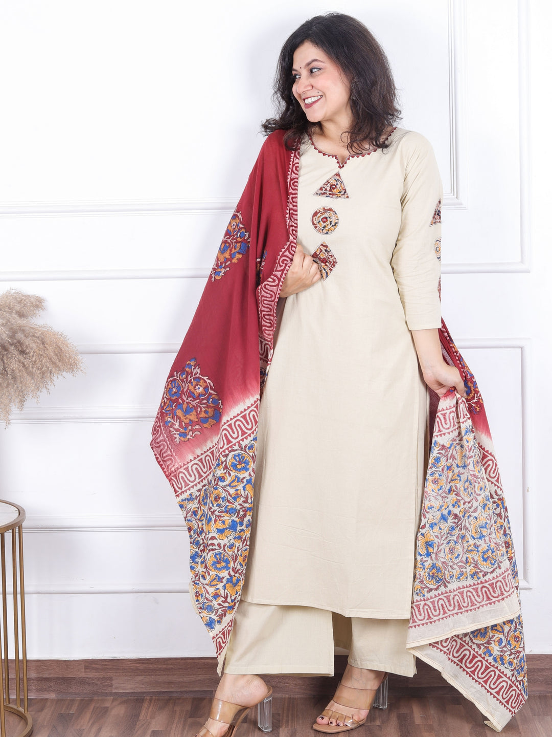 Himayati Cream Beige Embroidery with Applique Patch and Mirror Work Cotton 3 Piece Set