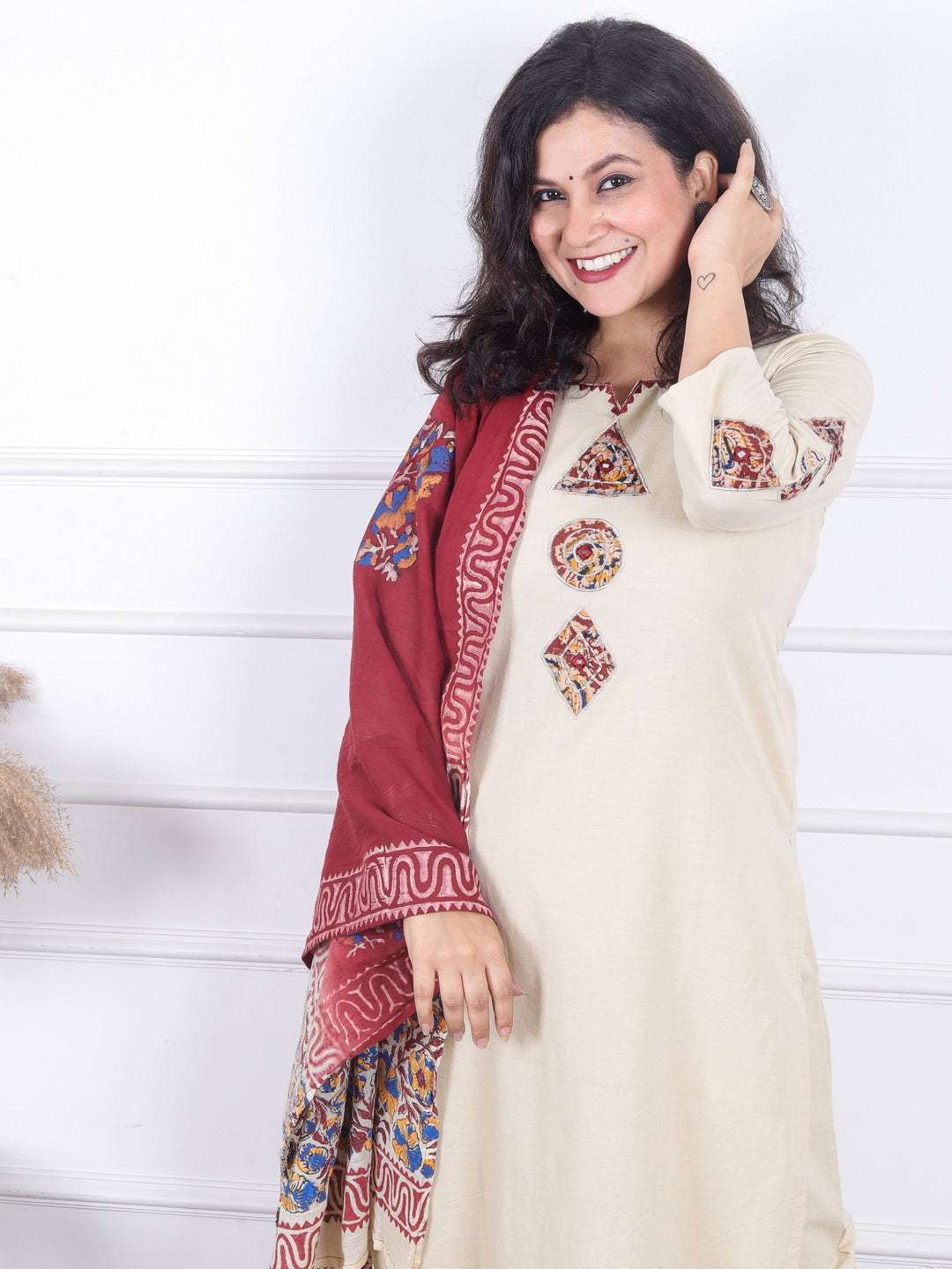 Himayati Cream Beige Embroidery with Applique Patch and Mirror Work Cotton 3 Piece Set