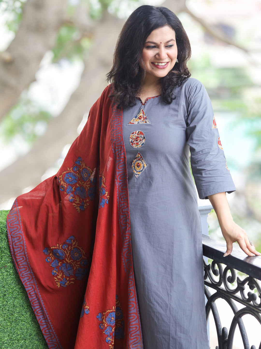 Himayati Fossil Gray Embroidery with Applique Patch and Mirror Work Cotton 3 Piece Set