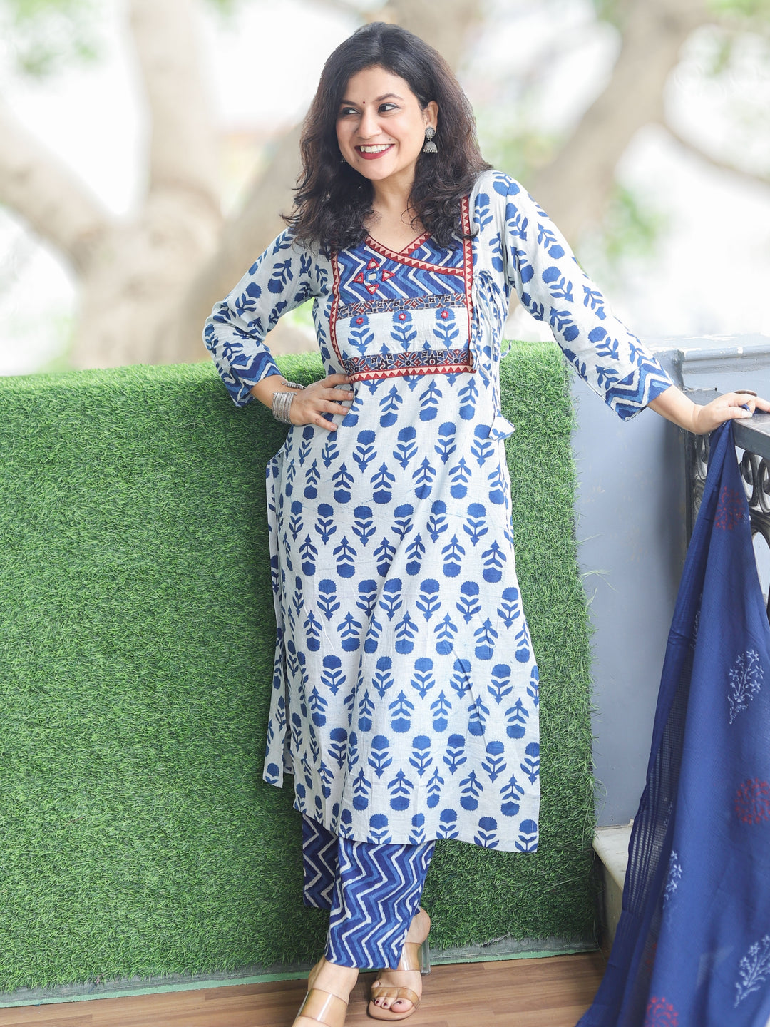 Himayanti Indigo Blue Kutch Work in Angrakha Neck Dabu Printed Cotton 3 Piece Set D13