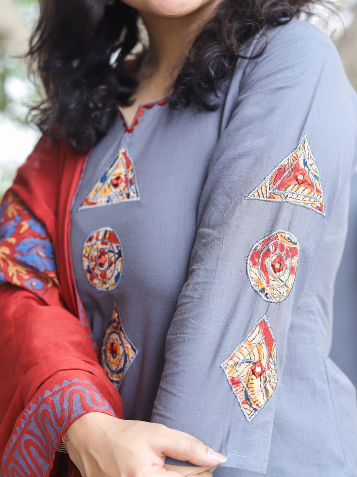 Himayati Fossil Gray Embroidery with Applique Patch and Mirror Work Cotton 3 Piece Set