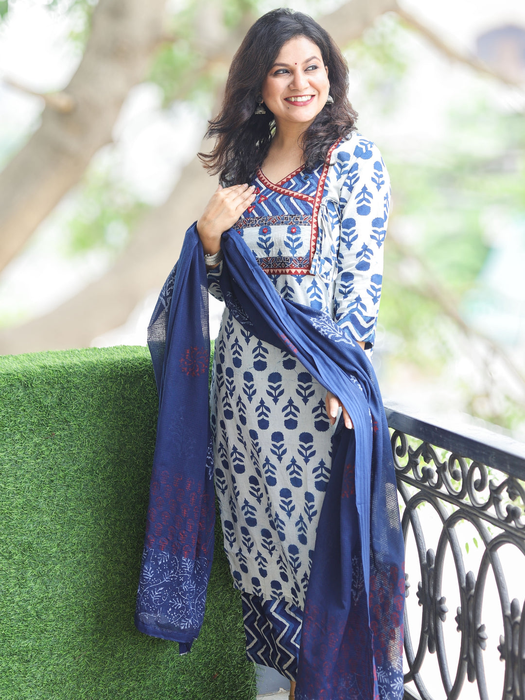 Himayanti Indigo Blue Kutch Work in Angrakha Neck Dabu Printed Cotton 3 Piece Set D13