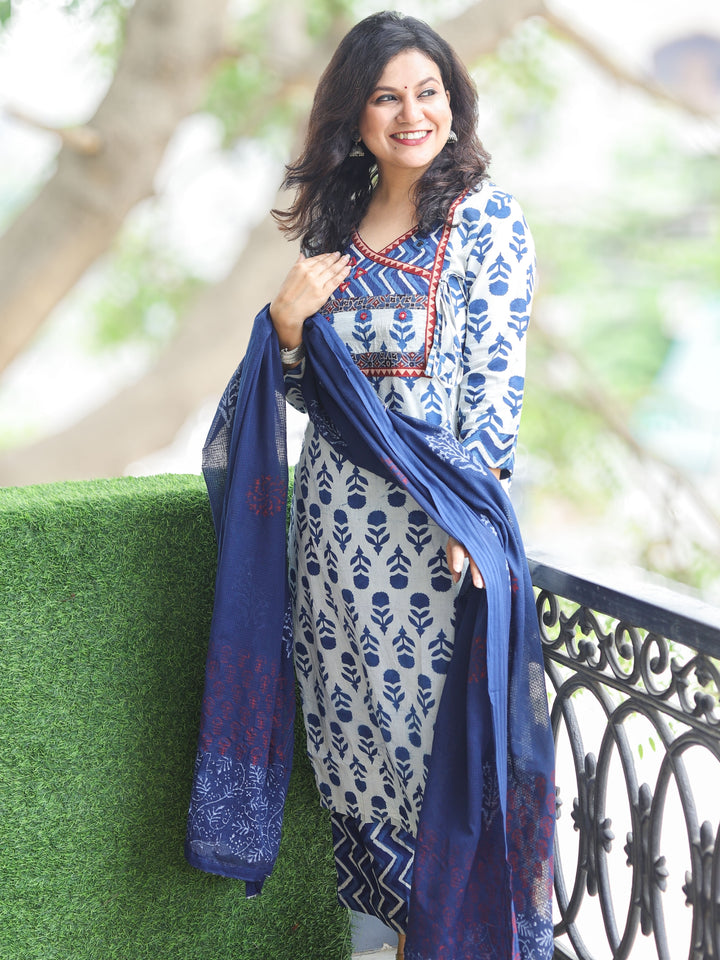 Himayanti Indigo Blue Kutch Work in Angrakha Neck Dabu Printed Cotton 3 Piece Set D13