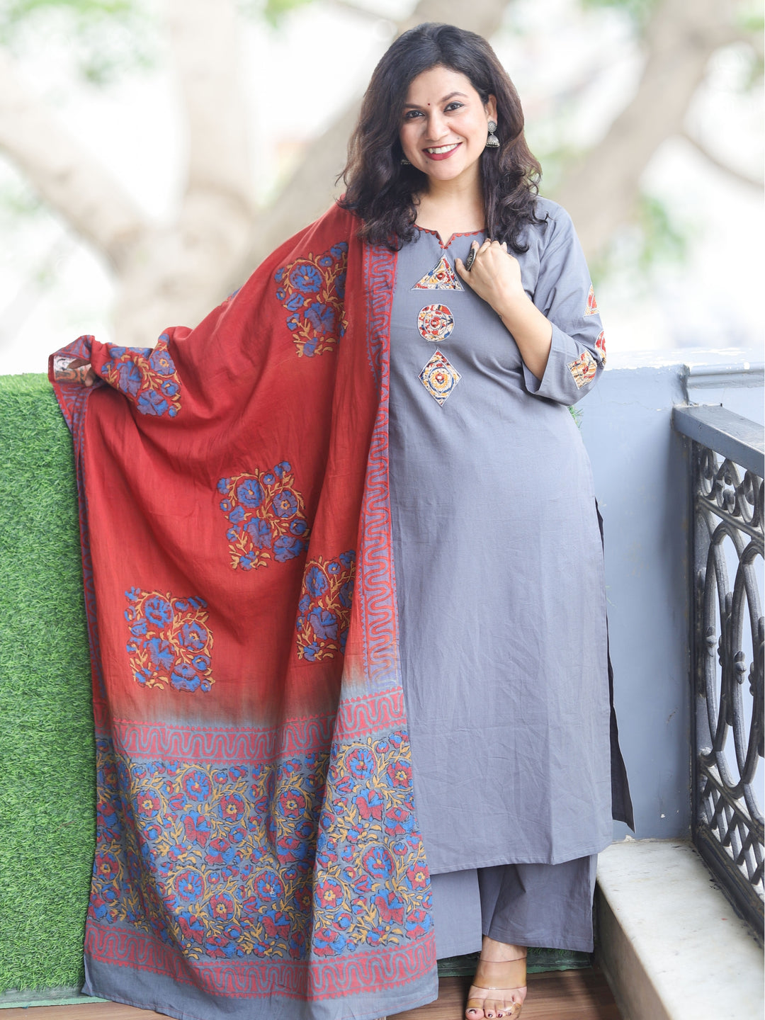 Himayati Fossil Gray Embroidery with Applique Patch and Mirror Work Cotton 3 Piece Set