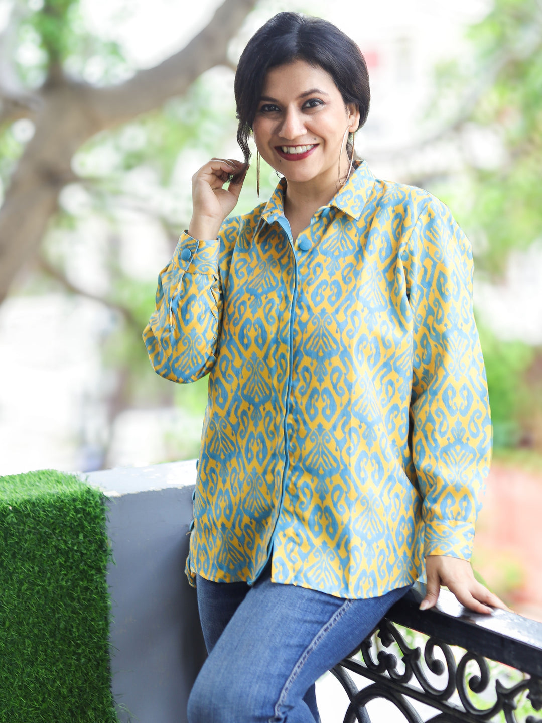 Himayati Corn Yellow Double Placket with Fabric Button Digital Printed Art Linen Short Shirt