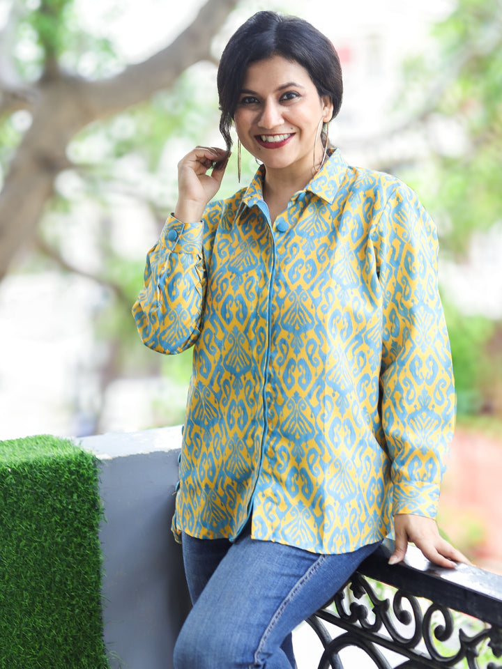 Himayati Corn Yellow Double Placket with Fabric Button Digital Printed Art Linen Short Shirt