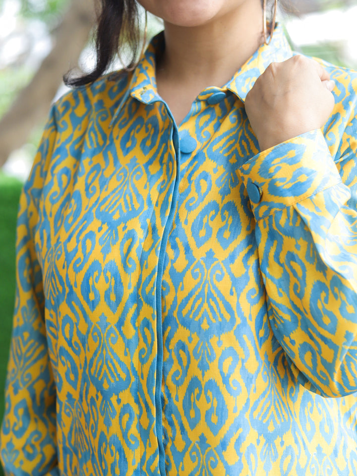 Himayati Corn Yellow Double Placket with Fabric Button Digital Printed Art Linen Short Shirt