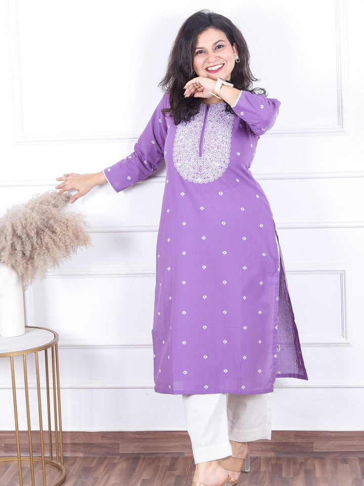 Kashish Tulip Purple All Over Thread Buti with Embriodered Neck Work Cotton Kurti