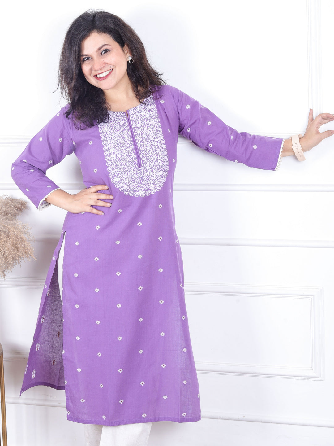 Kashish Tulip Purple All Over Thread Buti with Embriodered Neck Work Cotton Kurti