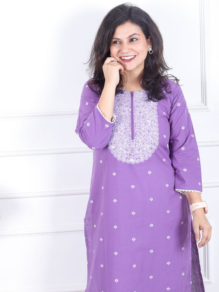 Kashish Tulip Purple All Over Thread Buti with Embriodered Neck Work Cotton Kurti
