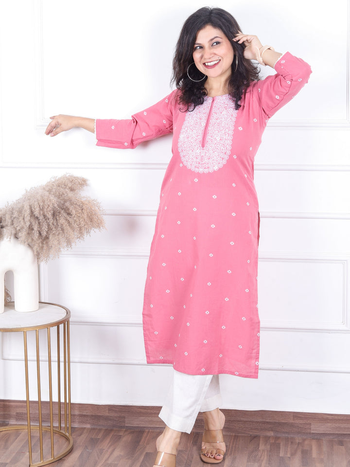 Kashish Flamingo Pink All Over Thread Buti with Embriodered Neck Work Cotton Kurti