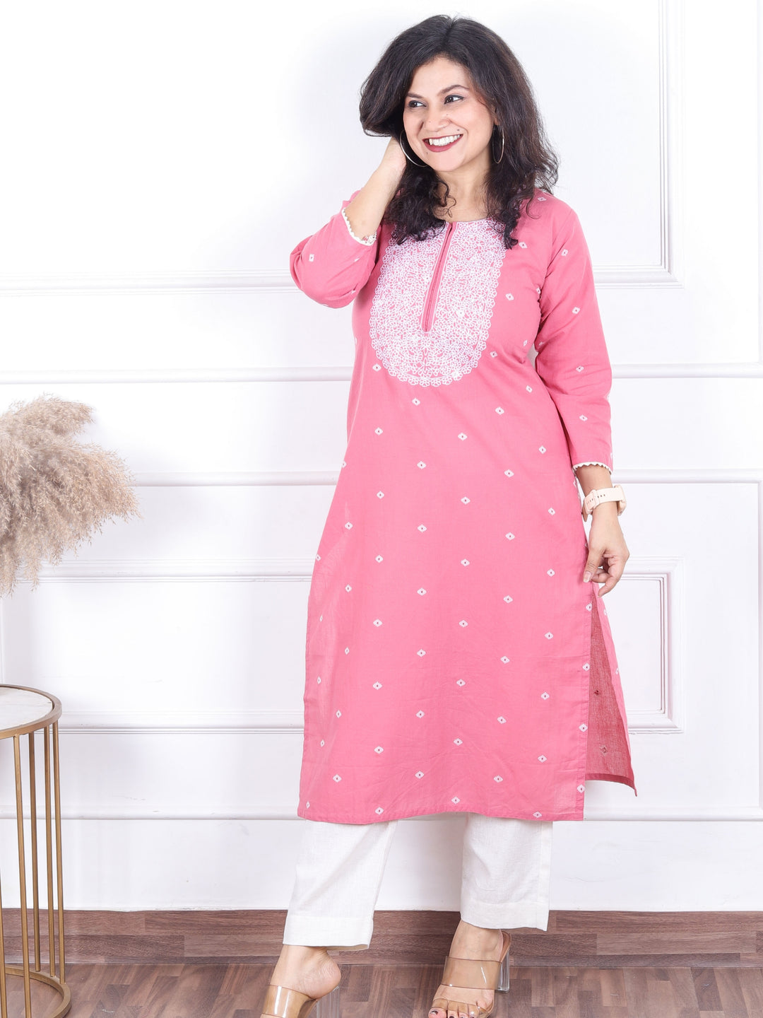 Kashish Flamingo Pink All Over Thread Buti with Embriodered Neck Work Cotton Kurti