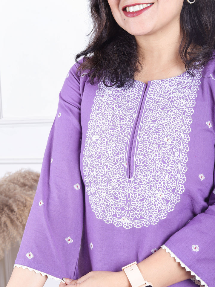 Kashish Tulip Purple All Over Thread Buti with Embriodered Neck Work Cotton Kurti