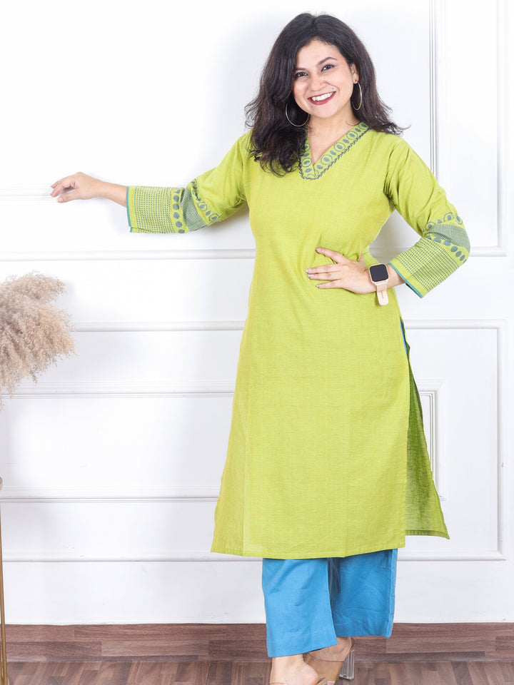 Himayati Lemon Green V Neck with Thread Weaved Neck and Back Cotton Kurti