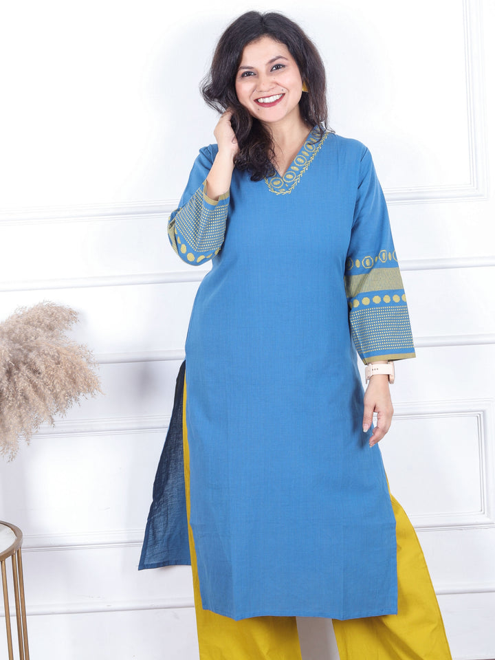 Himayati Sapphire Blue V Neck with Thread Weaved Neck and Back Cotton Kurti