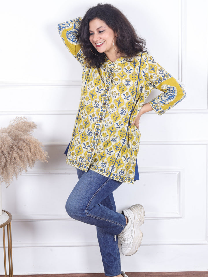 Rani Butter Yellow Ban Collar with Piping and Button Work Floral Print Short Cotton Shirt
