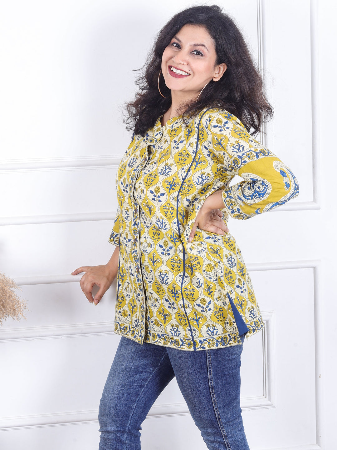 Rani Butter Yellow Ban Collar with Piping and Button Work Floral Print Short Cotton Shirt