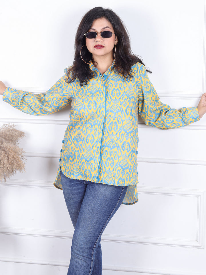 Himayati Corn Yellow Double Placket with Fabric Button Digital Printed Art Linen Short Shirt