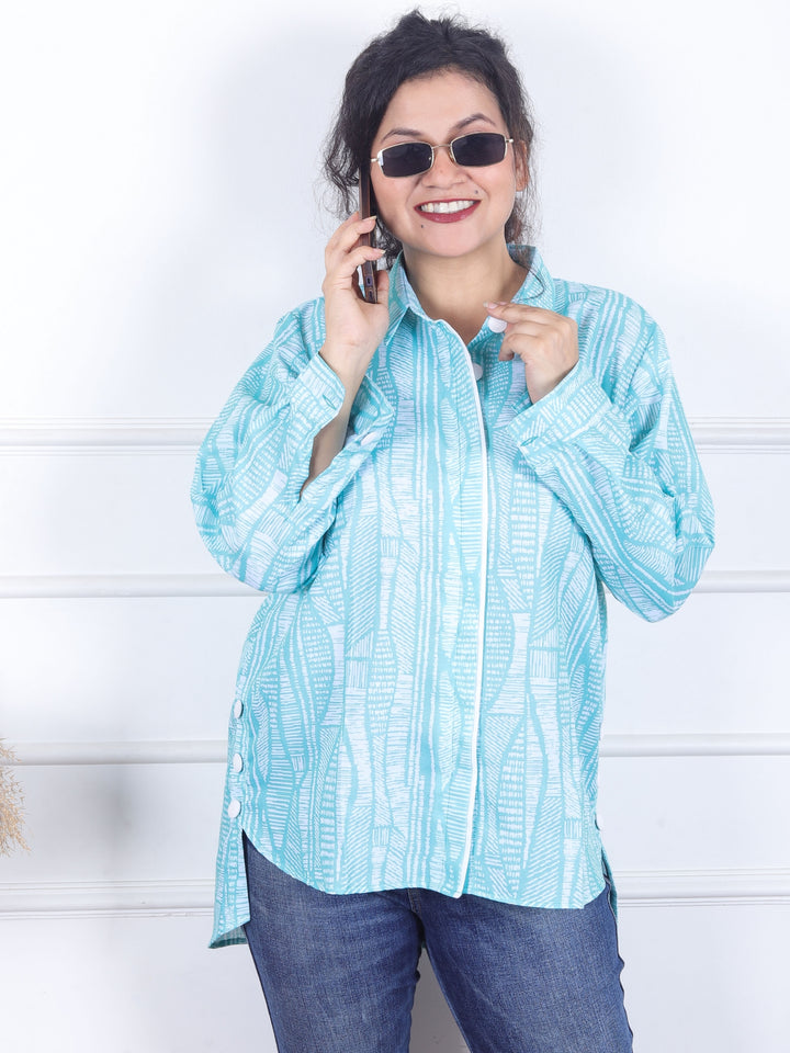 Himayati Sea Green Double Placket with Fabric Button Digital Printed Art Linen Short Shirt