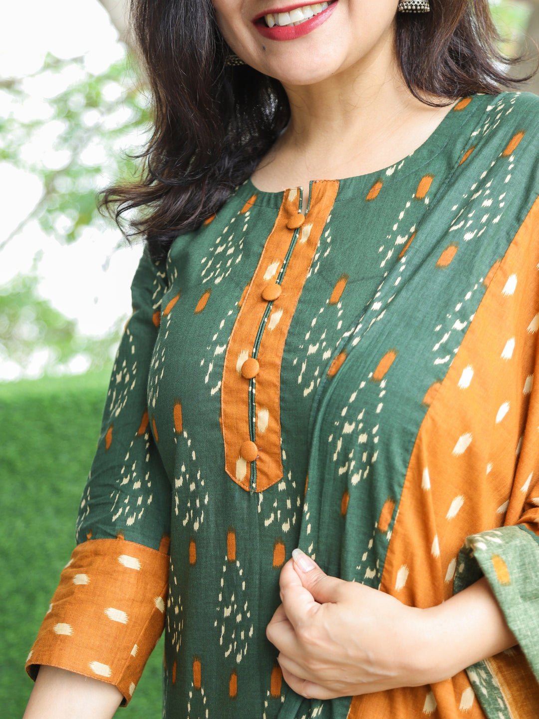 Sadhgi Forest Green Patch Neck with Potli Button Ikkat Digital Print Cotton 3 Piece Set