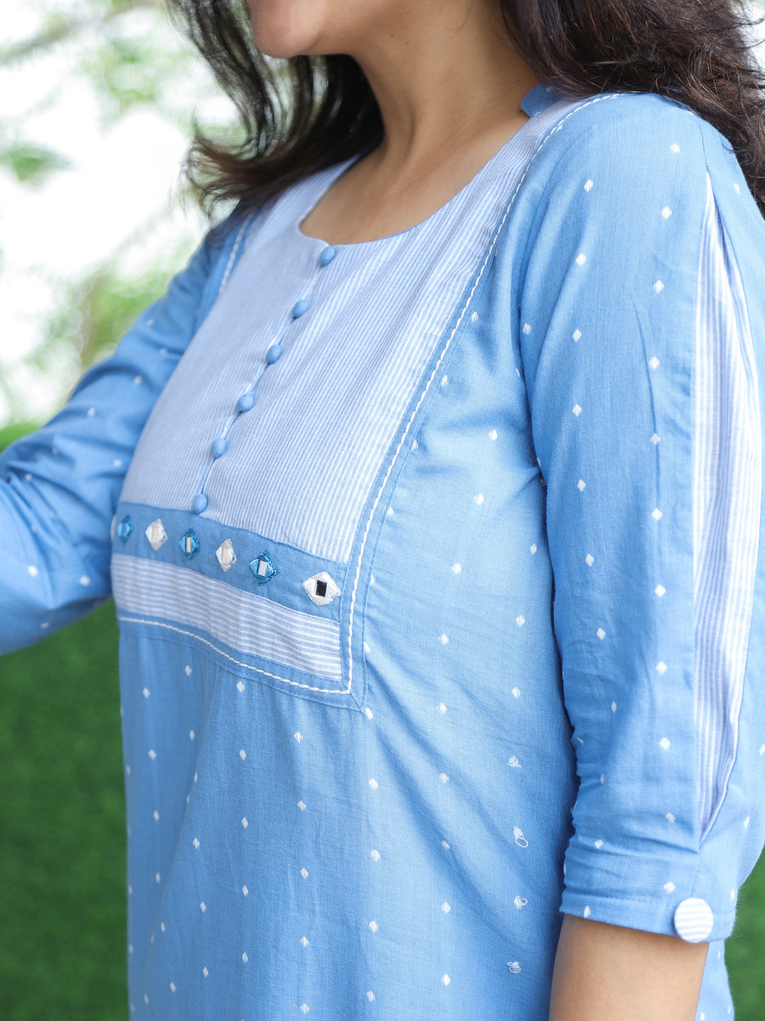 Saundrya Powder Blue Stripe Print Yoke with Mirror and Potli Button South Cotton 2 Piece Set