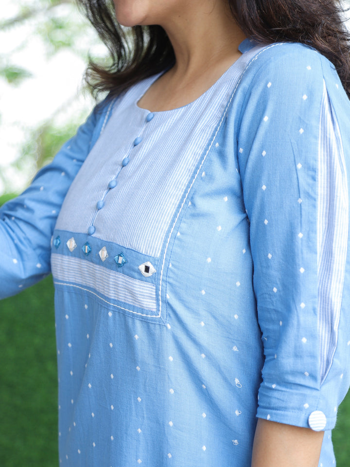 Saundrya Powder Blue Stripe Print Yoke with Mirror and Potli Button South Cotton 2 Piece Set