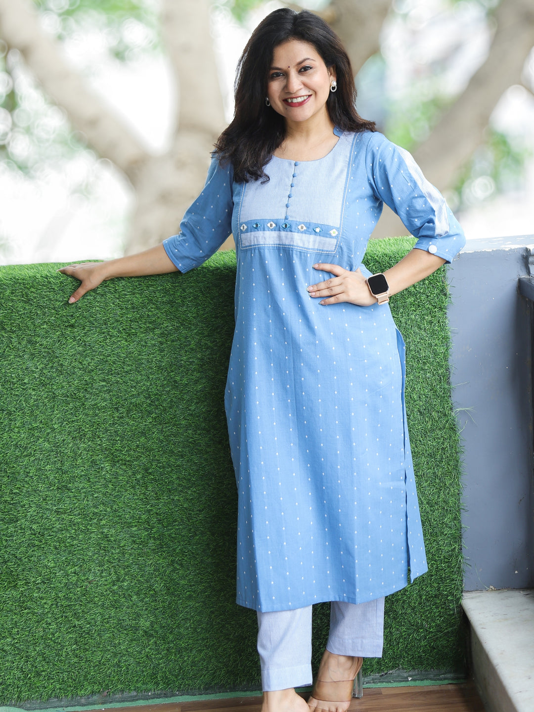 Saundrya Powder Blue Stripe Print Yoke with Mirror and Potli Button South Cotton 2 Piece Set