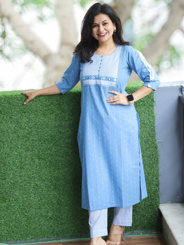 Saundrya Powder Blue Stripe Print Yoke with Mirror and Potli Button South Cotton 2 Piece Set