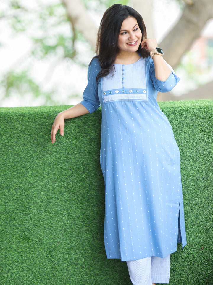 Saundrya Powder Blue Stripe Print Yoke with Mirror and Potli Button South Cotton 2 Piece Set