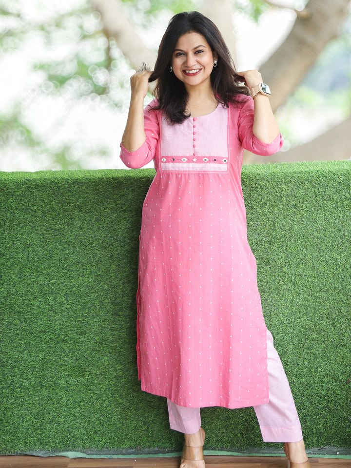 Saundrya Candy Pink Stripe Print Yoke with Mirror and Potli Button South Cotton 2 Piece Set