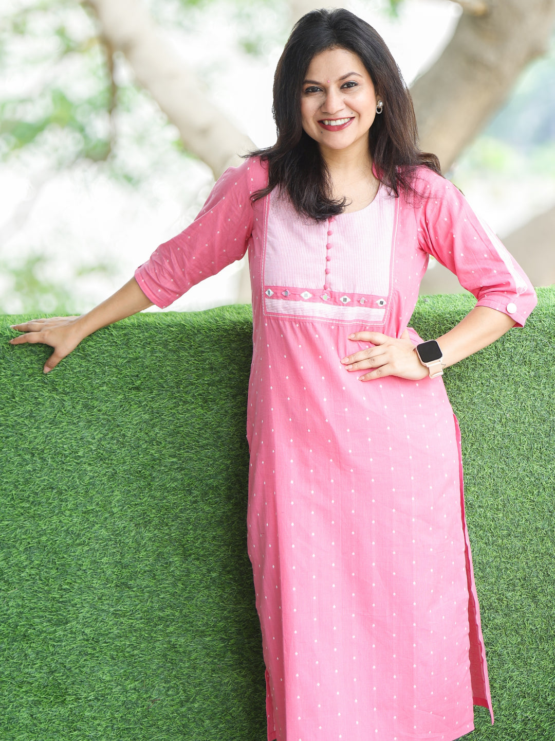Saundrya Candy Pink Stripe Print Yoke with Mirror and Potli Button South Cotton 2 Piece Set