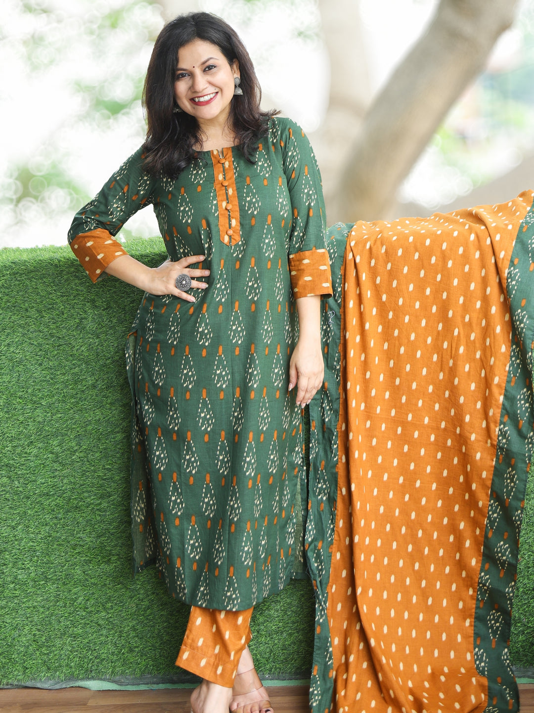 Sadhgi Forest Green Patch Neck with Potli Button Ikkat Digital Print Cotton 3 Piece Set
