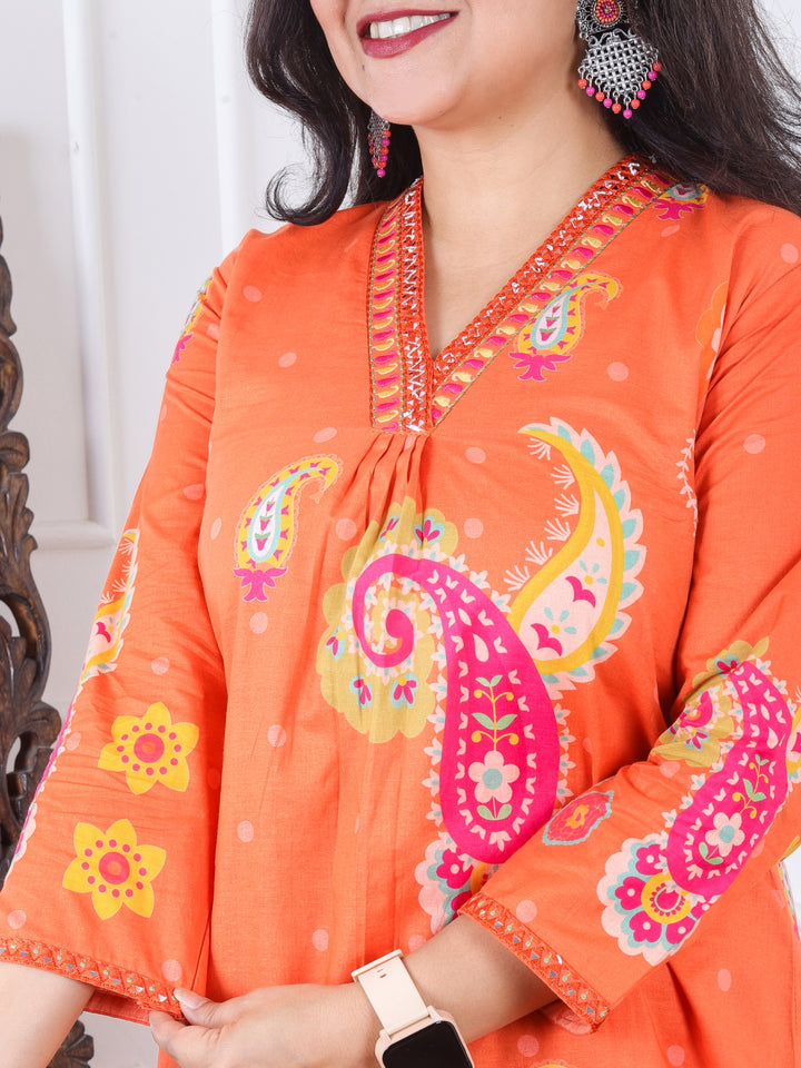 Sundri Portland Orange V Neck Thread Work with Front Gathering Cotton 2 Piece Set