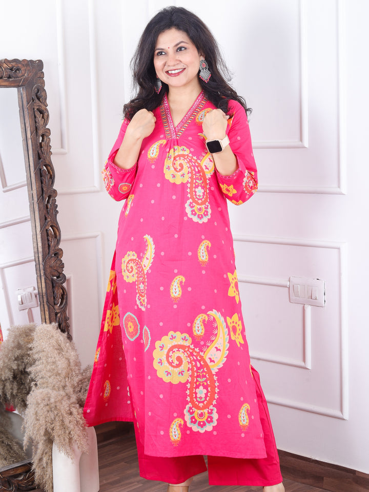 Sundri Rani Pink V Neck Thread Work with Front Gathering Cotton 2 Piece Set