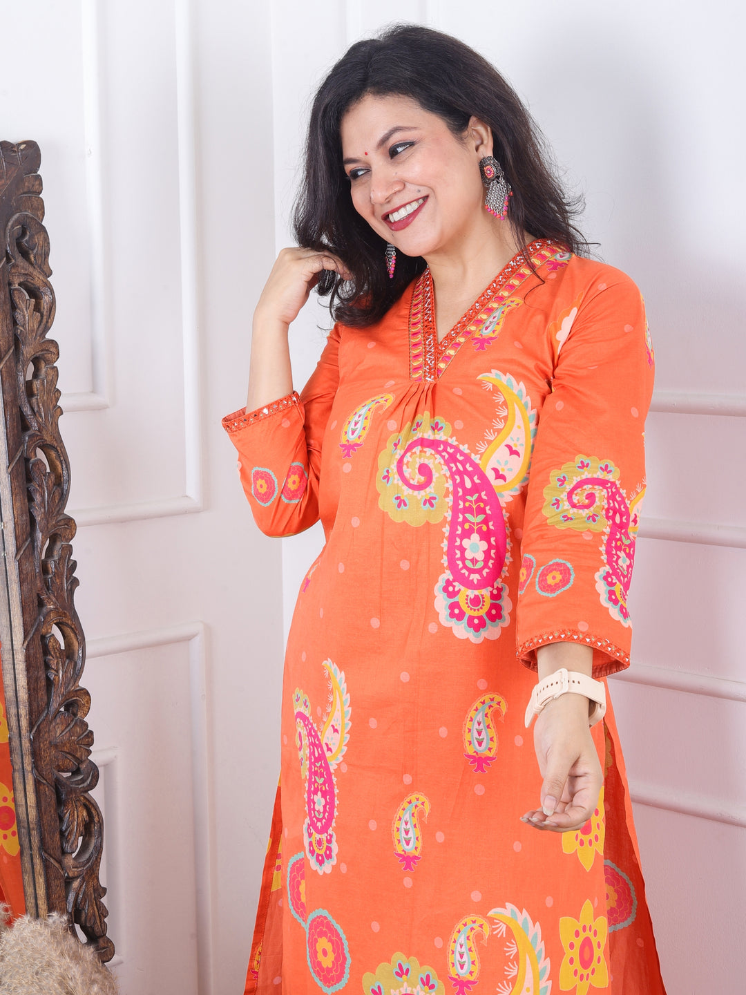 Sundri Portland Orange V Neck Thread Work with Front Gathering Cotton 2 Piece Set