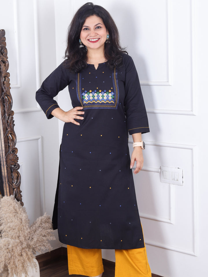 Dashtaan Ebony Black All Over Thread Buti with Embroidered Neck Cotton Kurti