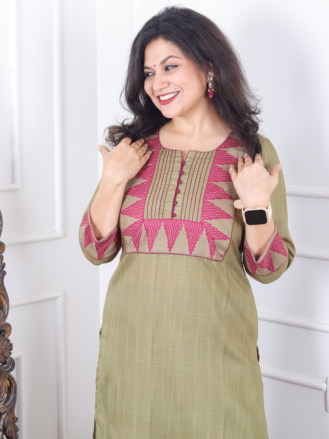 Masumi Mehendi Green Temple Hem Print Patch with Potli Button South Cotton Linen Kurti