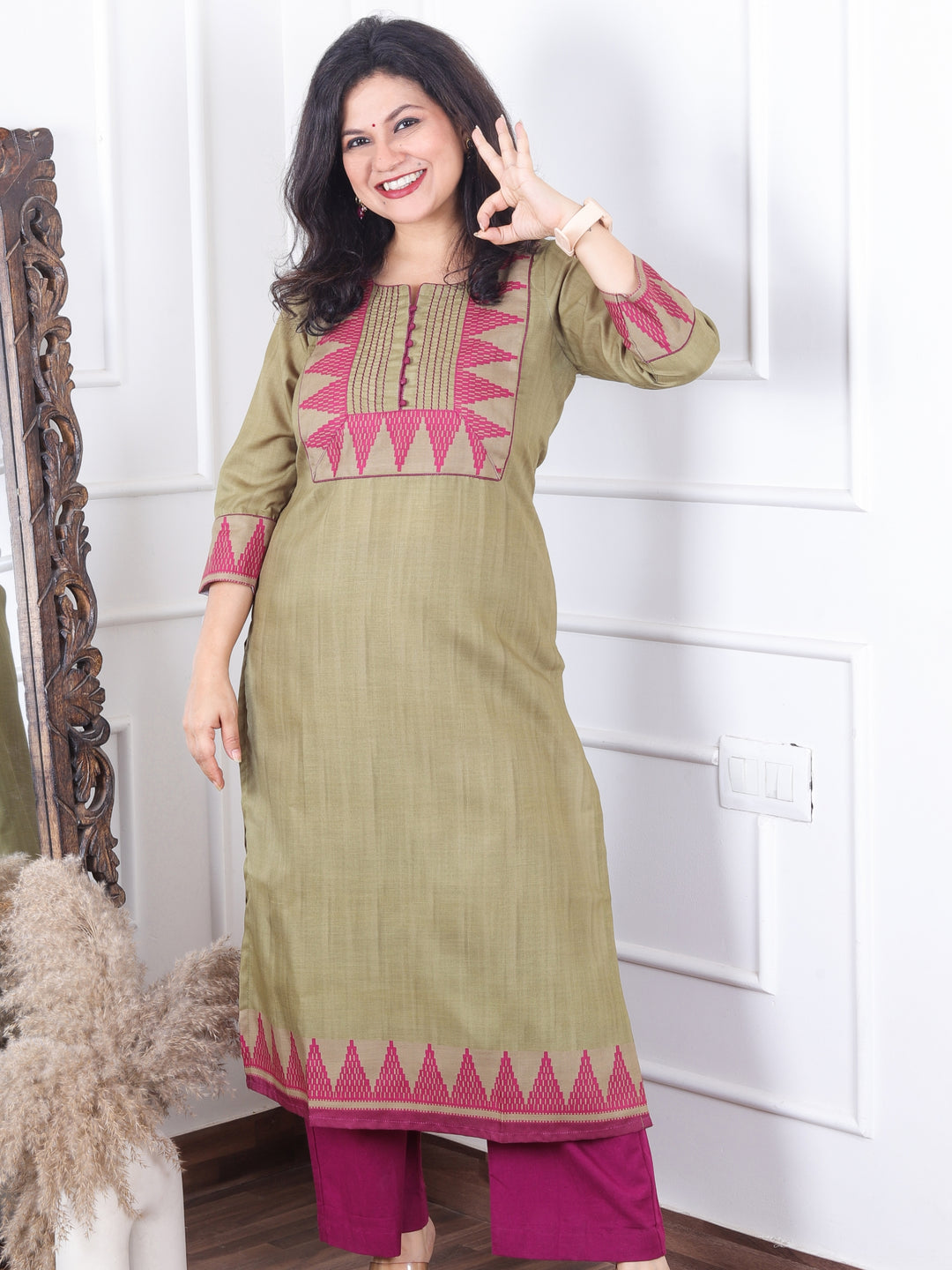 Masumi Mehendi Green Temple Hem Print Patch with Potli Button South Cotton Linen Kurti