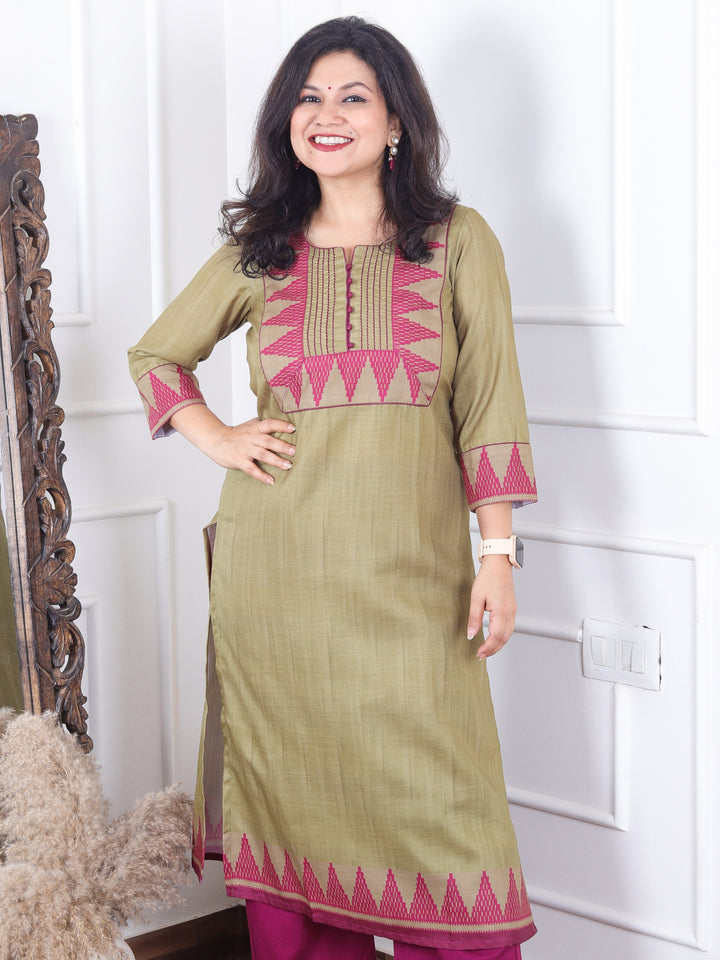 Masumi Mehendi Green Temple Hem Print Patch with Potli Button South Cotton Linen Kurti