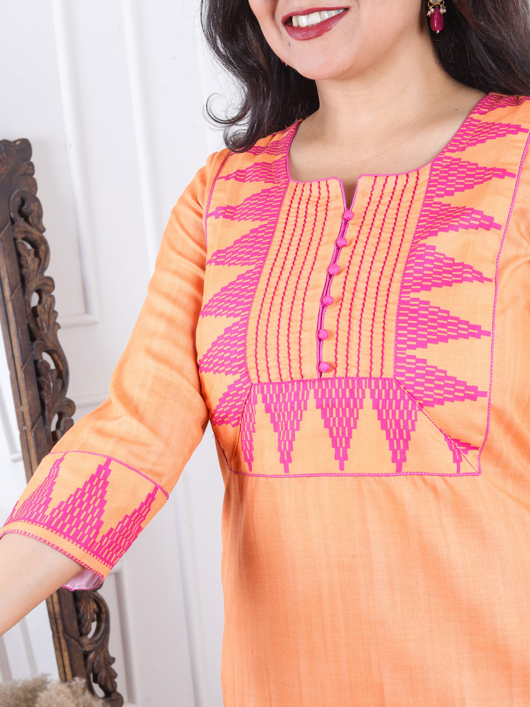 Masumi Bright Orange Temple Hem Print Patch with Potli Button South Cotton Linen Kurti