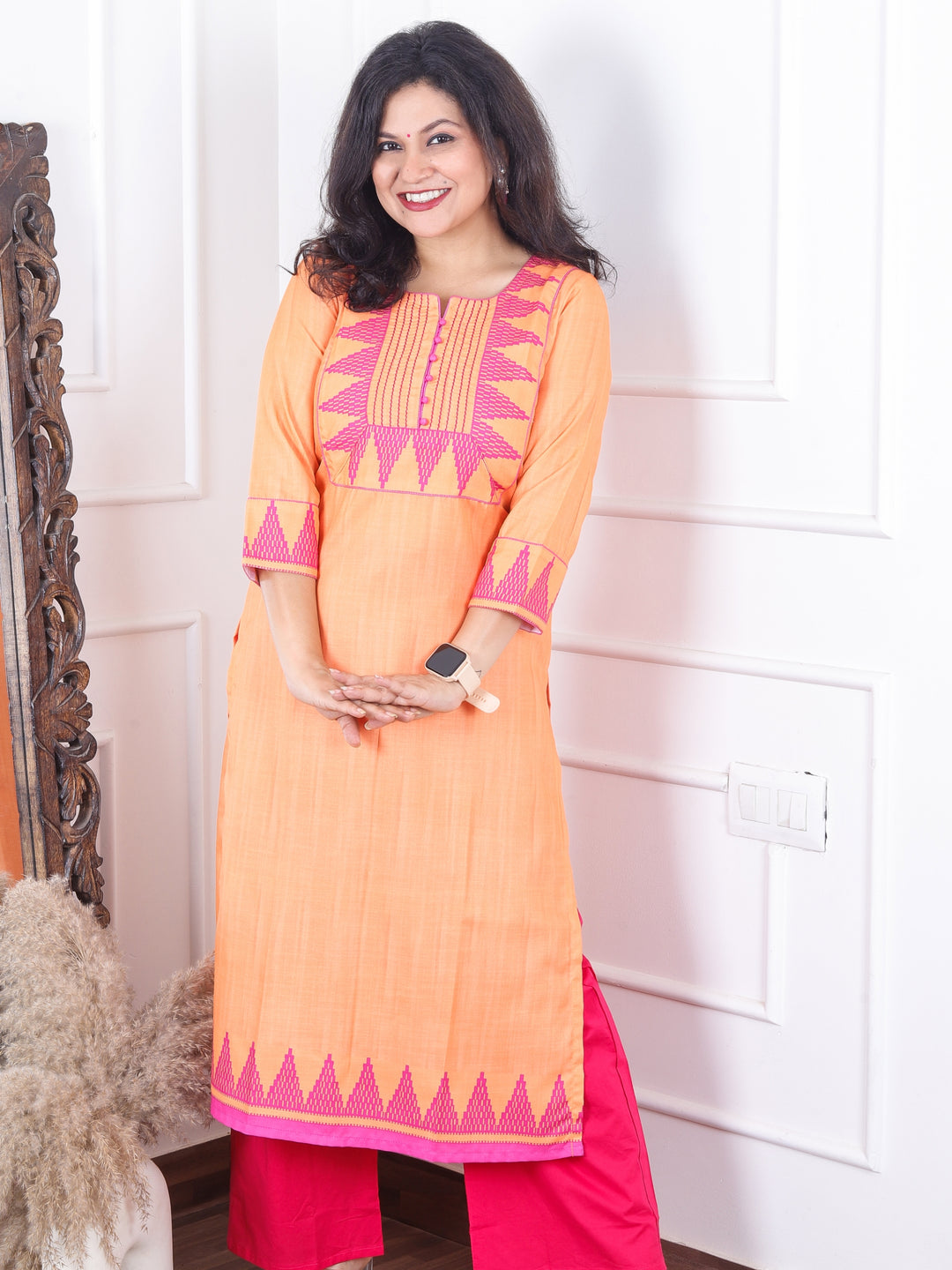 Masumi Bright Orange Temple Hem Print Patch with Potli Button South Cotton Linen Kurti